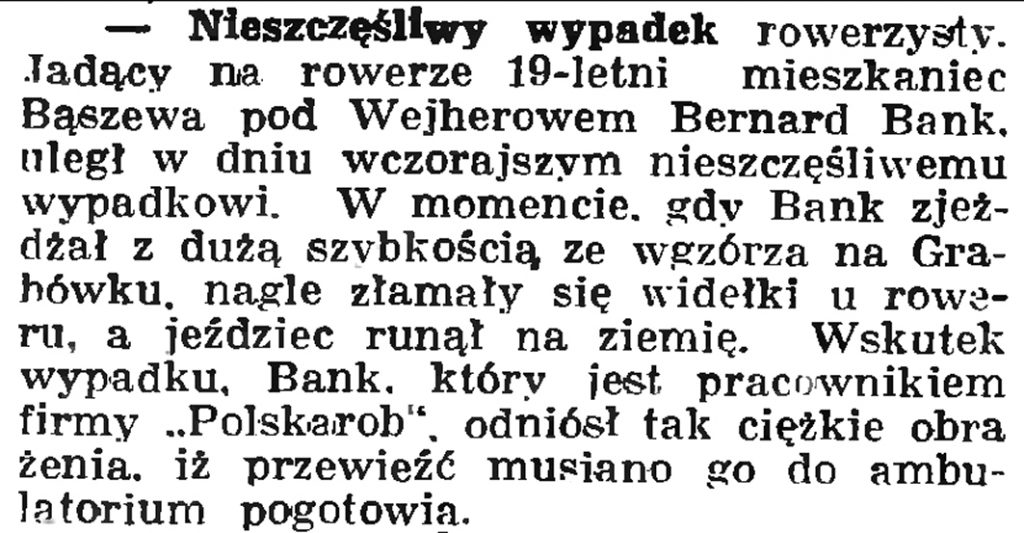 Nieszczęśliwy wypadek rowerzysty // Gazeta Gdańska. - 1937, nr 152, s. 8