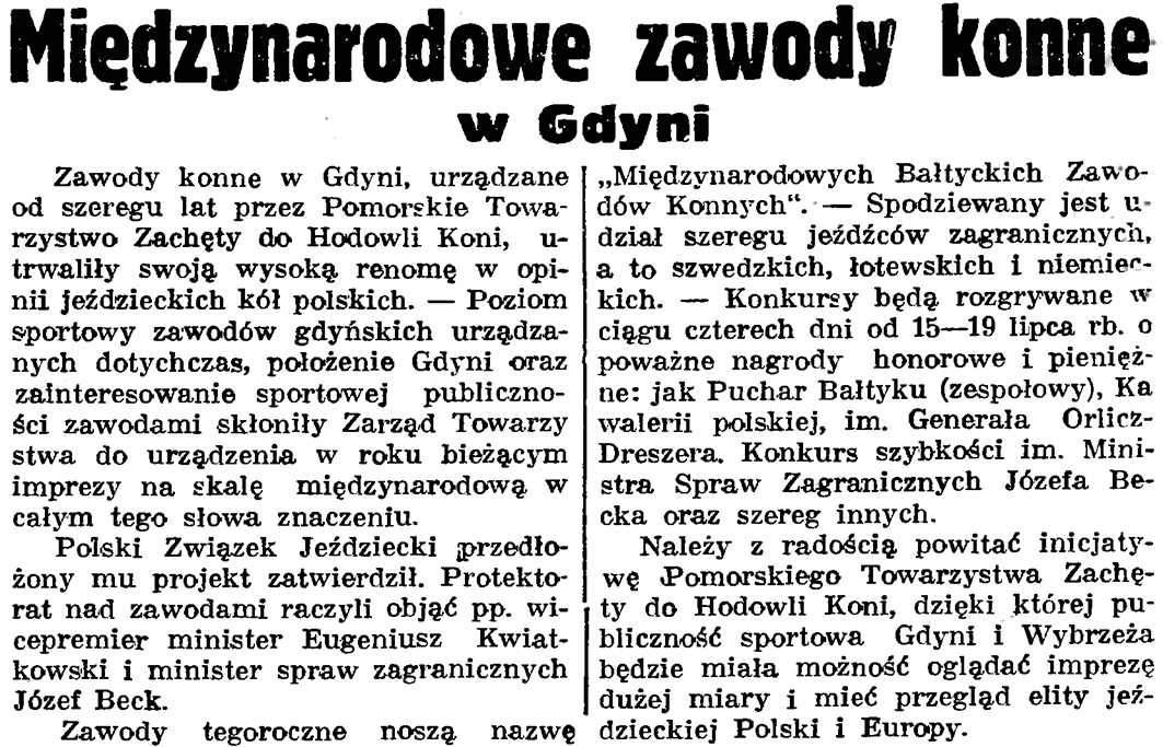 Międzynarodowe zawody konne w Gdyni // Gazeta Gdańska. - 1937, nr 152, s. 9