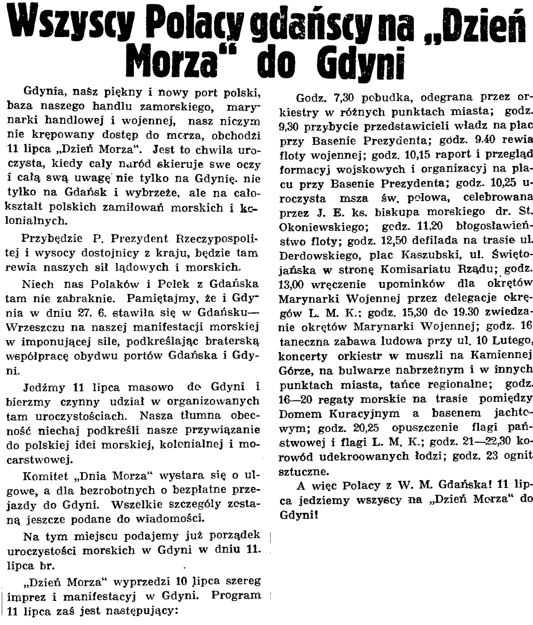 Wszyscy Polacy gdańscy na "Dzień Morza" do Gdyni // Gazeta Gdańska. - 1937, nr 153, s. 10