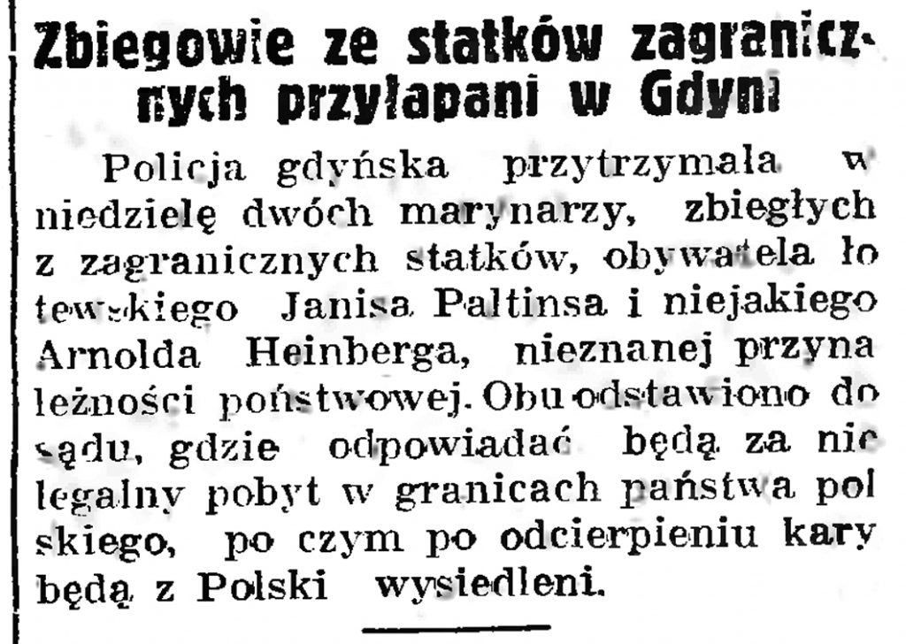 Zbiegowie ze statków zagranicznych przyłapani w Gdyni // Gazeta Gdańska. - 1937, nr 182, s. 8