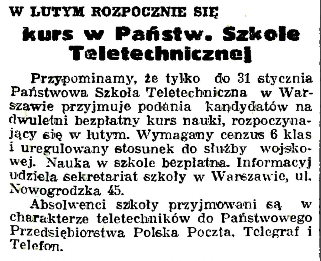 W lutym rozpocznie się kurs w Państw. Szkole Teletechnicznej // Gazeta Gdańska. - 1939, nr 14, s. 7 