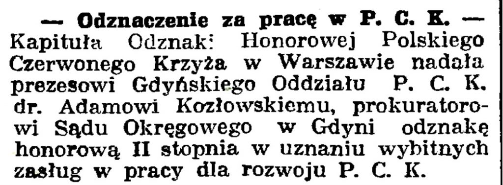 Odznaczenie za pracę w P. C. K. // Gazeta Gdańska. - 1939, nr 14, s. 7