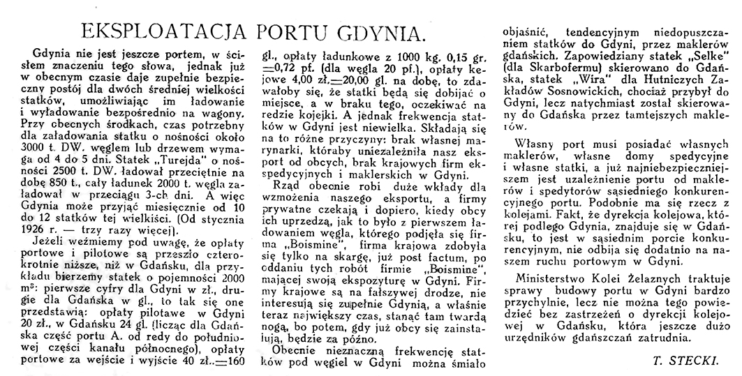 Eksploatacja portu Gdynia / T. Stecki // Morze. - 1925, nr 12, s. 10
