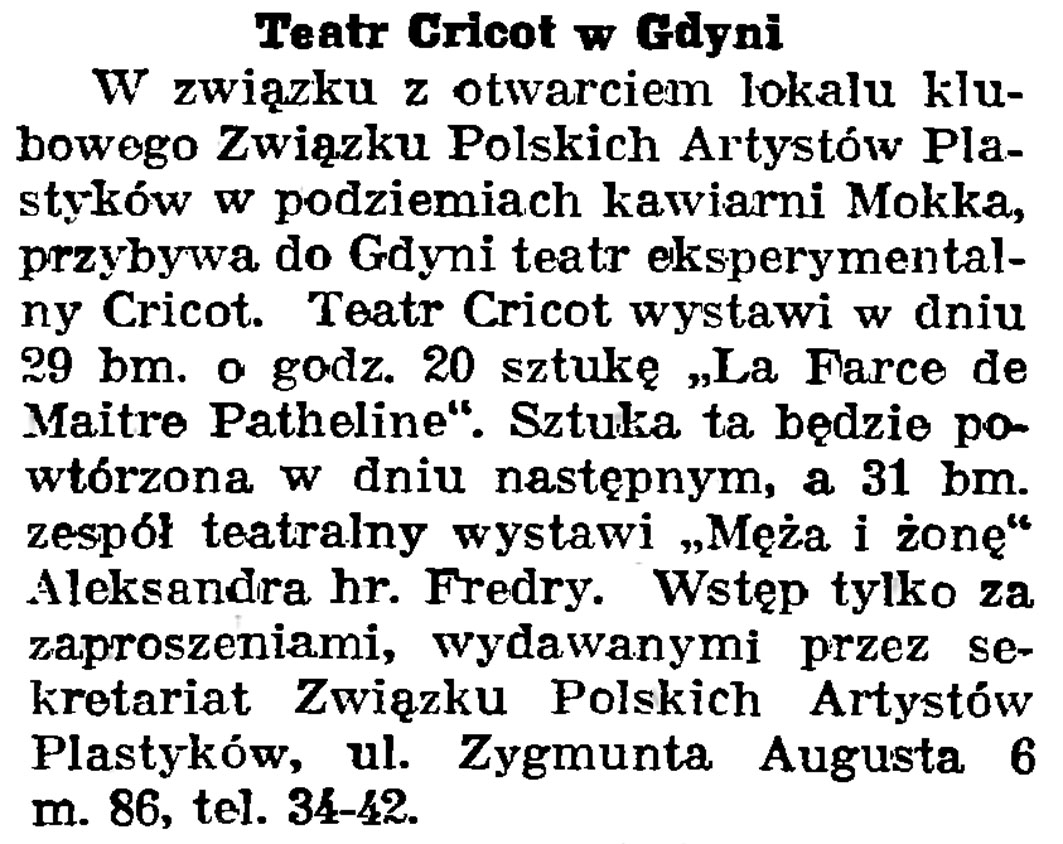 Teatr Cricot w Gdyni // Gazeta Gdańska. - 1939, nr 1939, nr 24, s. 12