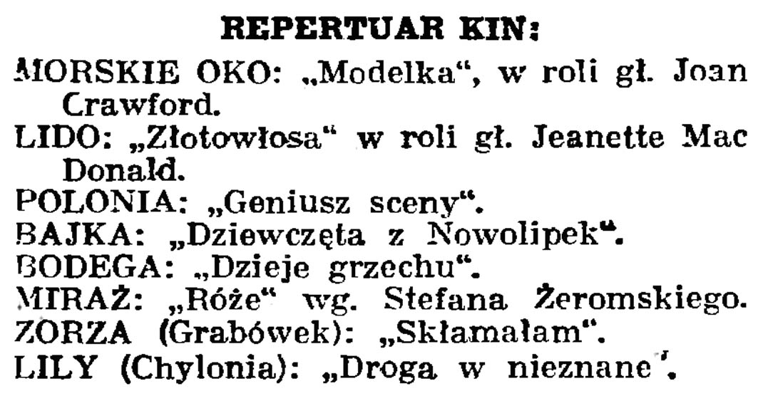 Repertuar kin // Gazeta Gdańska. - 1939, nr 254, s. 6