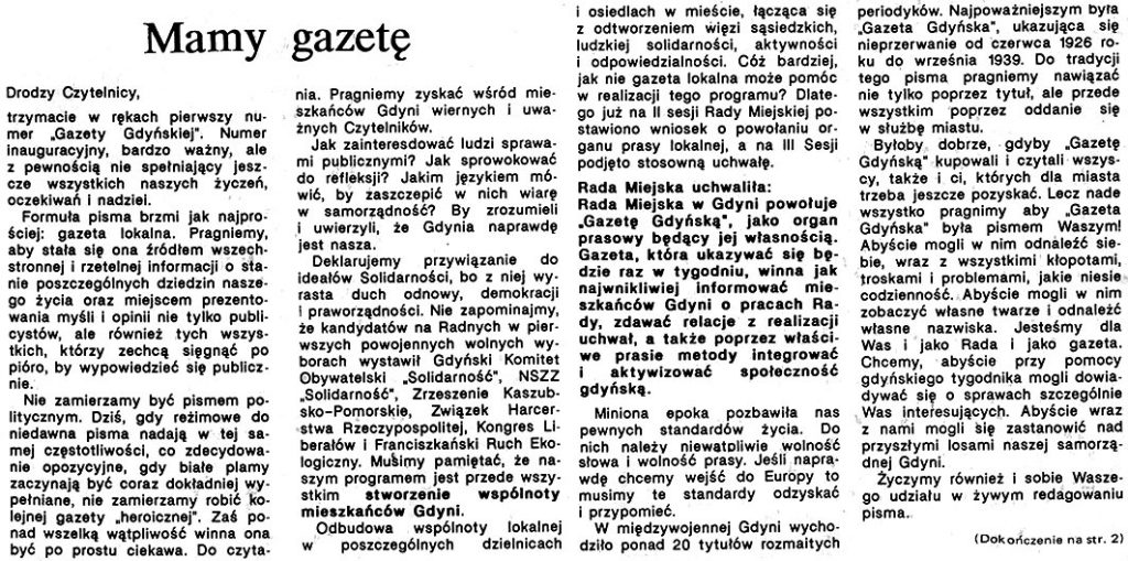 Mamy Gazetę / Redakcja // Gazeta Gdyńska. - 1990, nr 1, s. [1], 2