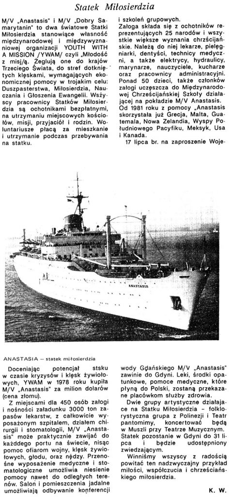 Statek Miłosierdzia // K. W. // Gazeta Gdyńska. - 1990, nr 1, s. 8. - Il.