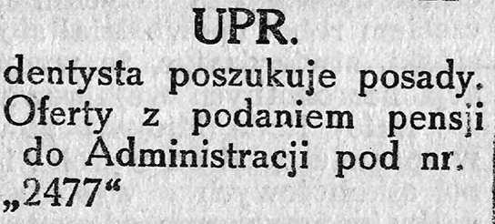 UPR. dentysta poszukuje posady // Gazeta Gdyńska. - 1939