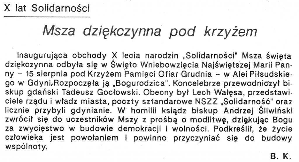 Msza dziękczynna pod krzyżem. X lat Solidarności // B. K. // Gazeta Gdyńska. - 1990, nr 2, s. [1]