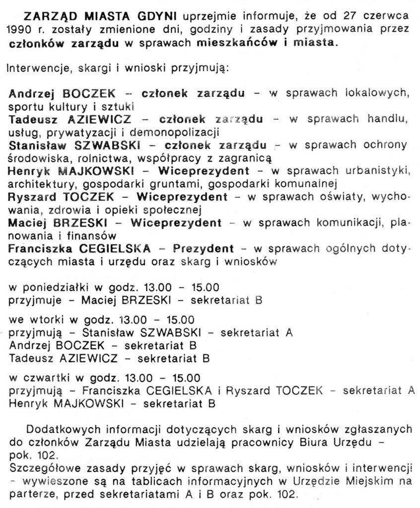 Zarząd Miasta gdyni informuje ... // Gazeta Gdyńska. - 1990, nr 2, s. 2