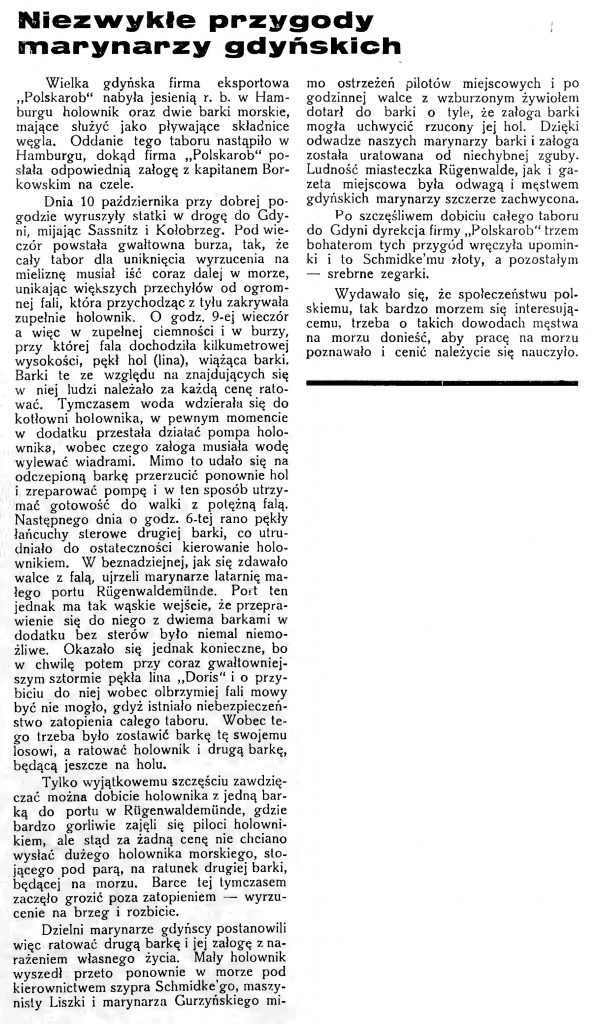 Niezwykłe przygody marynarzy gdyńskich // Latarnia Morska. - 1934, nr 41, s. 4