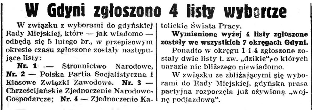 W Gdyni zgłoszono 4 listy wyborcze // Gazeta Gdańska. - 1939, nr 6, s. 13