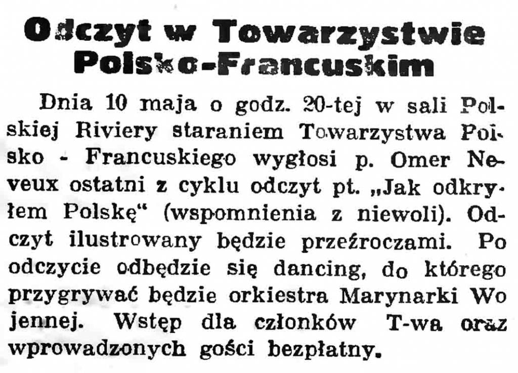 Odczyt w Towarzystwie Polsko-Francuskim // Gazeta Gdańska. - 1937, nr 104, s. 6