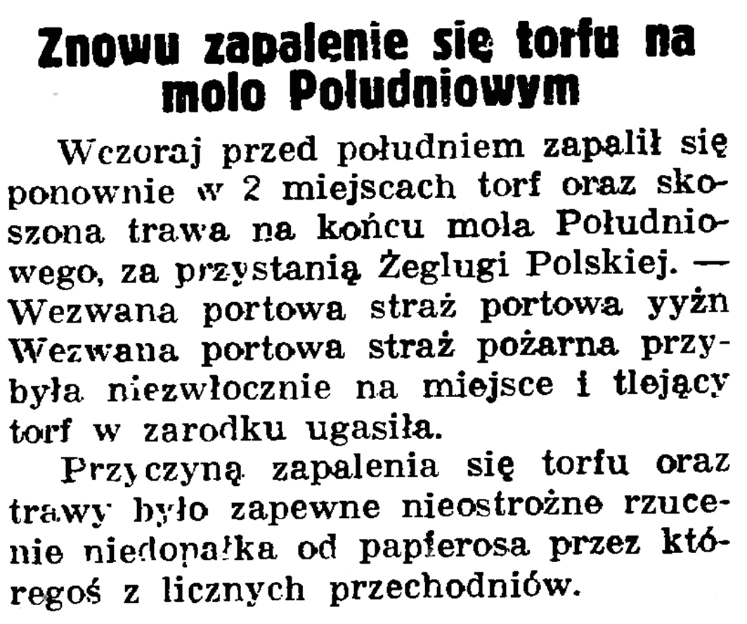 Znowu zapalenie się torfu na molo Południowym // Gazeta Gdańska. - 1937, nr 153, s. 9
