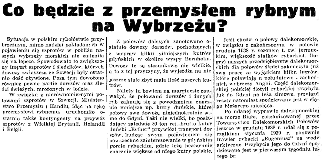 Co będzie z przemysłem rybnym na Wybrzeżu? // Gazeta Gdańska. - 1939, nr 19, s. 6