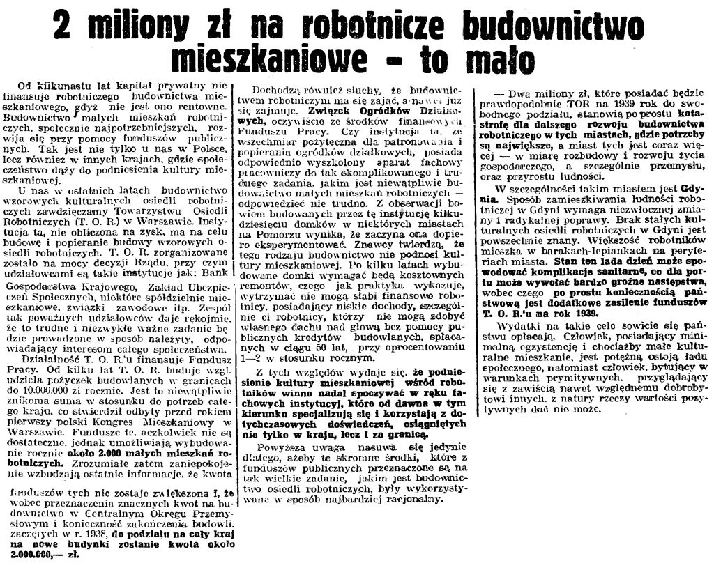 2 miliony zł na robotnicze budownictwo mieszkaniowe - to mało // Gazeta Gdańska. - 1939, nr 20, s. 7