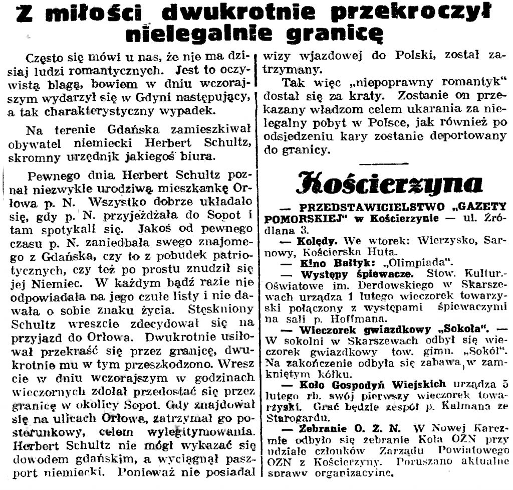 Z miłości dwukrotnie przekroczył nielegalnie przekroczył granicę // Gazeta Gdańska. - 1939, nr 20, s. 7