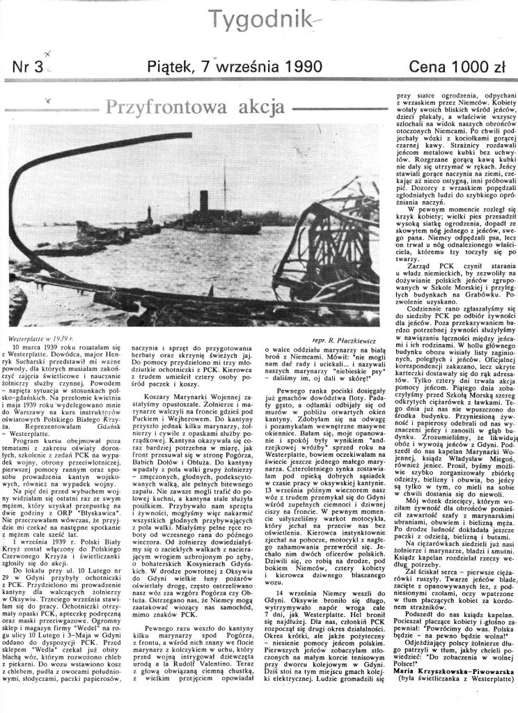 Przyfrontowa akcja / Maria Krzyszkowska-Piwowarska (była świetliczanka z Westerplatte) // Gazeta Gdyńska. - 1990, nr 3, s. [1]. - Il.