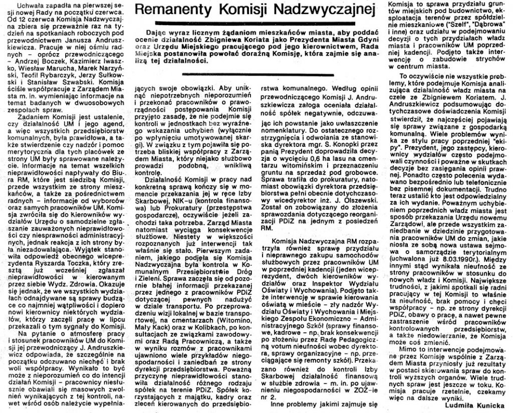 Remanenty Komisji Nadzwyczajnej / Ludmiła Kunicka // Gazeta Gdyńska. - 1990, nr 3, s. 3