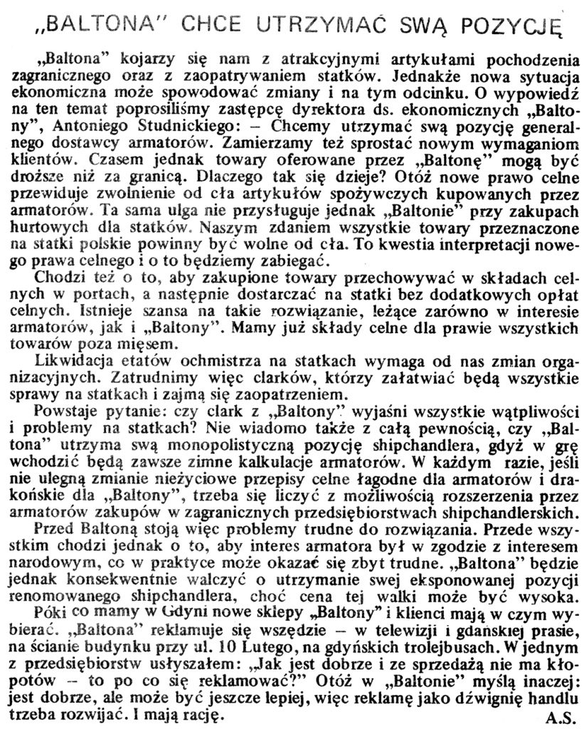 "Baltona" chce utrzymać swą pozycję / A.S. // Gazeta Gdyńska. - 1990, nr 3, s. 7