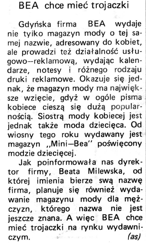 BEA chce mieć trojaczki / (as) // Gazeta Gdyńska. - 1990, nr 3, s. 8