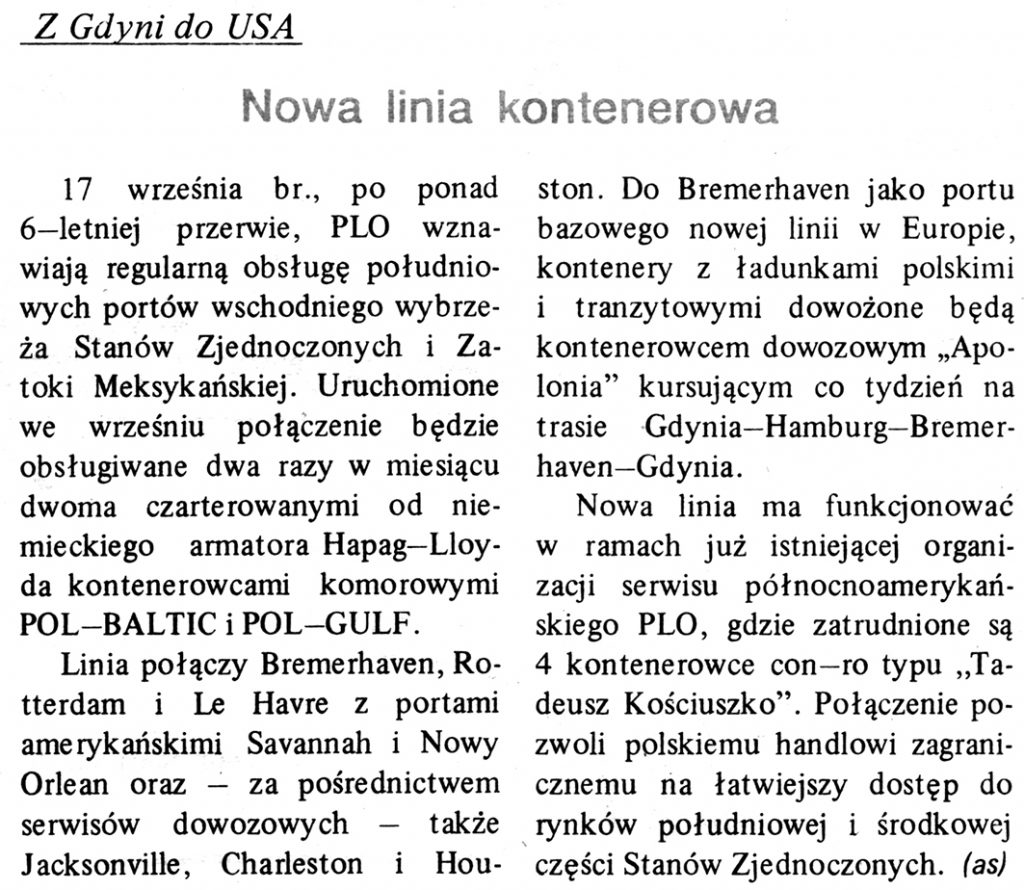 Nowa linia kontenerowa. Z Gdyni do USA / (as) // Gazeta Gdyńska. - 1990, nr 3, s. 8