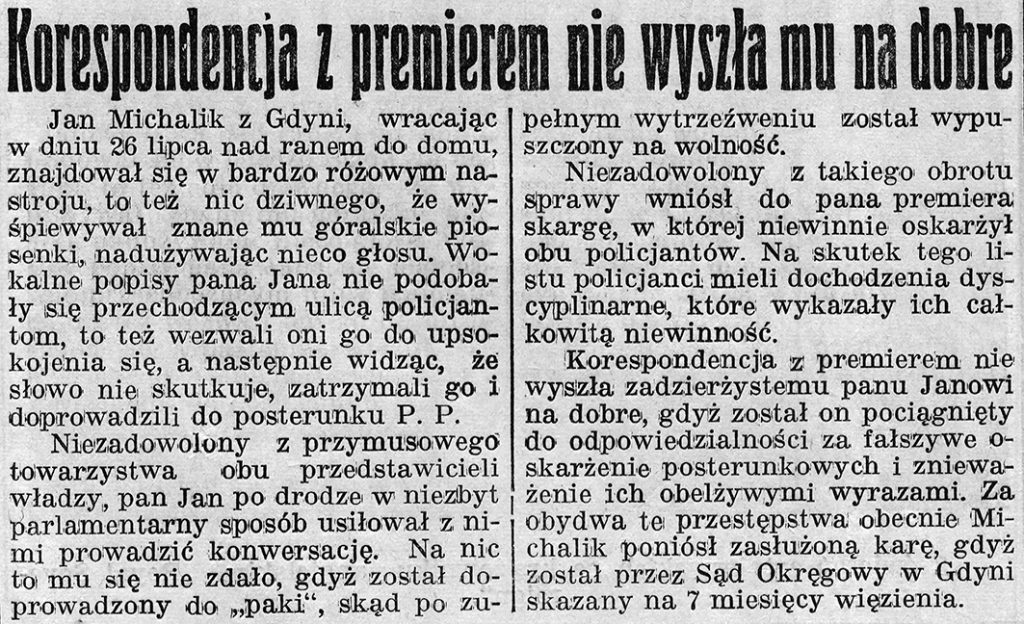 Korespondencja z premierem nie wyszła mu na dobre // Gazeta Gdyńska, z dnia 15 lutego 1939 r.