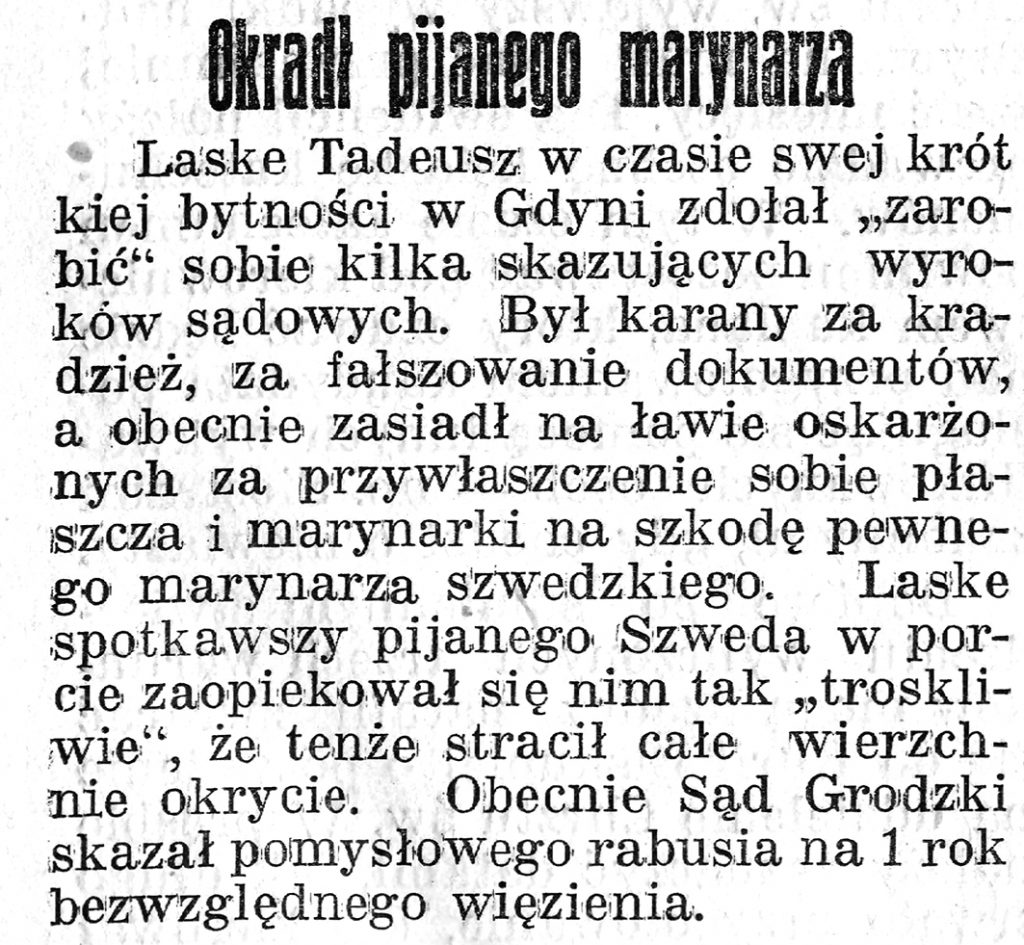 Okradł pijanego marynarza // Gazeta Gdyńska, z dnia 28 lutego 1939 r.