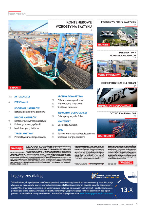 Namiary na morze i handel: dwutygodnik menedżerów transportu, handlu i przemysłu morskiego 2017, nr 18 (wrzesień)
