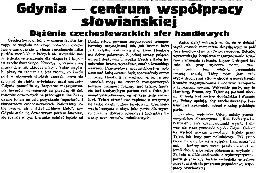Gdynia - centrum współpracy słowiańskiej. Dążenia czechosłowackich sfer handlowych // Gazeta Gdańska. - 1934, nr 15, s. 2