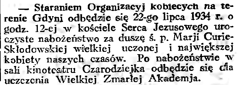 [Staraniem Organizacyj Kobiecych na terenie Gdyni odbędzie się ...] // Gazeta Gdańska. - 1934, nr 161, s. 6