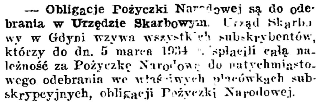 Obligacje Pożyczki Narodowej są do odebrania w Urzędzie Skarbowym // Gazeta Gdańska. - 1934, nr 170, s. 7