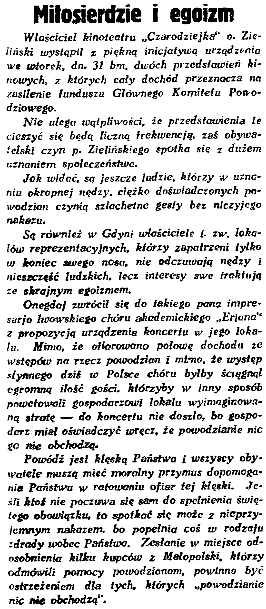 Miłosierdzie i egoizm // Gazeta Gdańska. - 1934, nr 170, s. 7