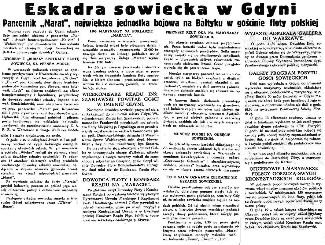 Eskadra sowiecka w Gdyni. Pancernik "Marat", największa jednostka bojowa na Bałtyku w gościnie floty polskiej // Gazeta Gdańska. - 1934, nr 199, s. 2