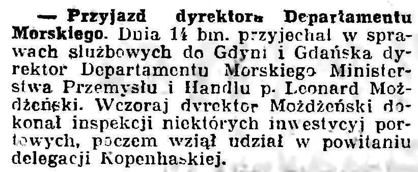 Przyjazd dyrektora Departamentu Morskiego // Gazeta Gdańska. - 1936, nr 237, s. 14