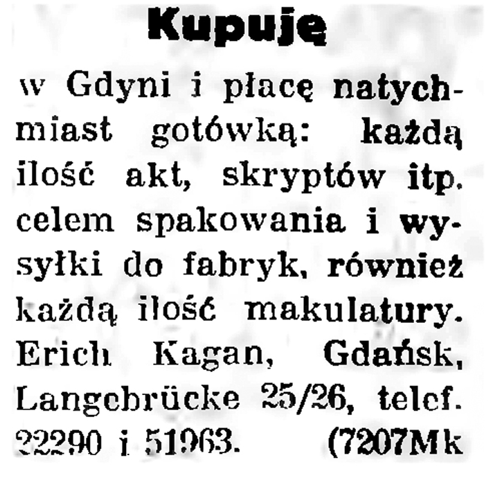 Kupuję w Gdyni i płacę natychmiast ... // Gazeta Gdańska. - 1936, nr 237, s. 20