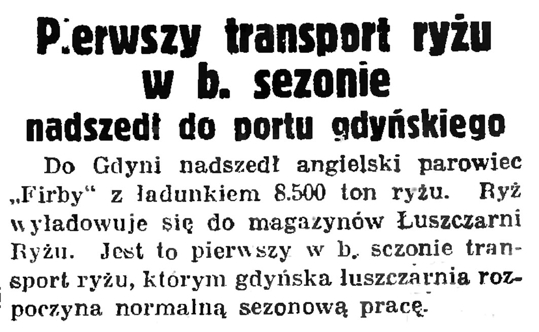 Pierwszy transport ryżu w b. sezonie nadszedł do portu gdyńskiego // Gazeta Gdańska. - 1936, nr 77, s. 7
