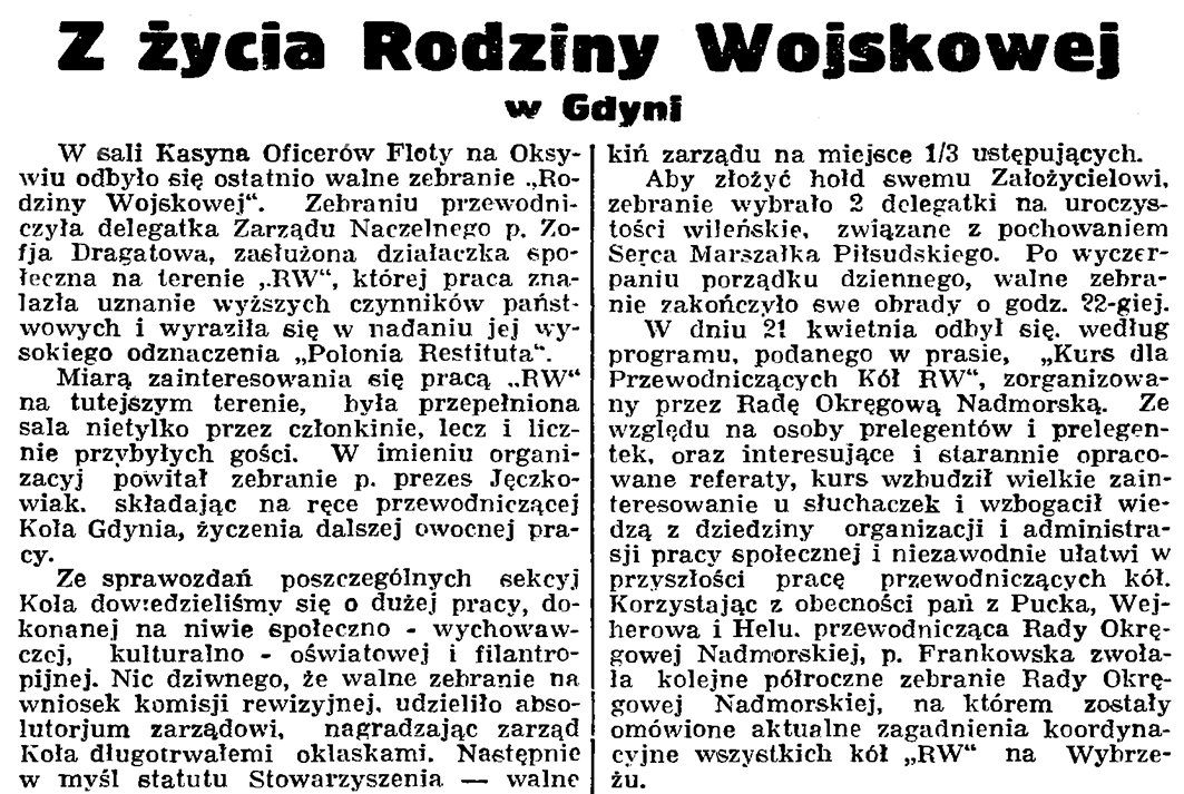 Z życia Rodziny Wojskowej w Gdyni // Gazeta Gdańska. - 1936, nr 98, s. 8