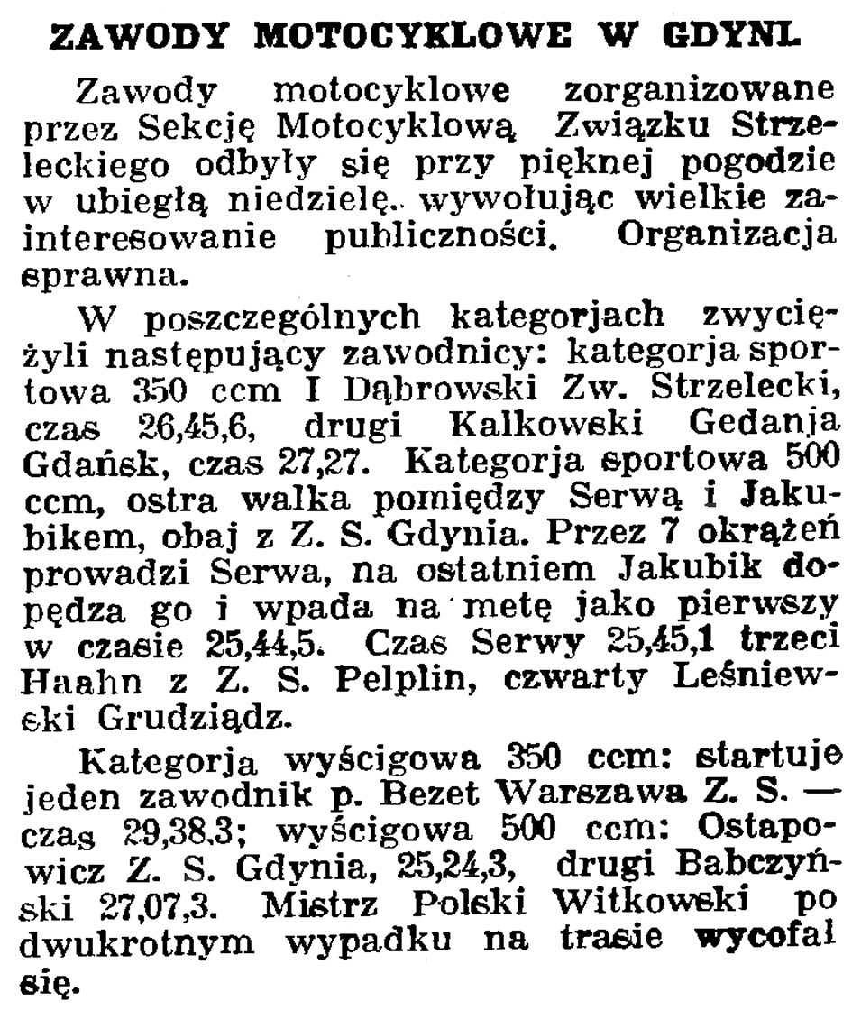 Zawody motocyklowe w Gdyni // Gazeta Gdańska. - 1936, nr 98, s. 8