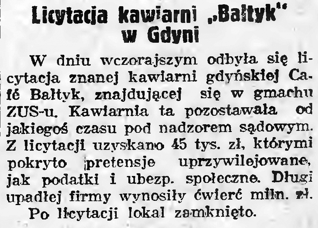 Likwidacja kawiarni Bałtyk // Gazeta Gdańska. - 1937, nr 298, s. 2
