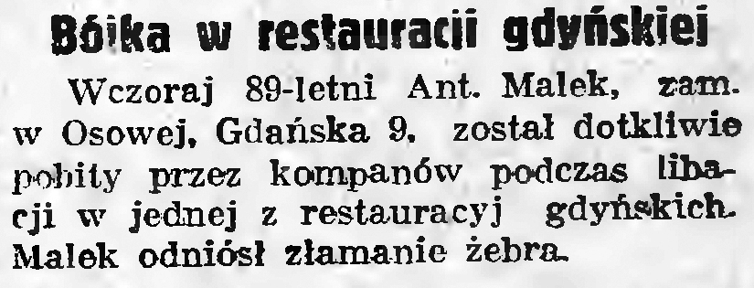 Bójka w restauracji gdyńskiej // Gazeta Gdańska. - 1937, nr 298, s. 2