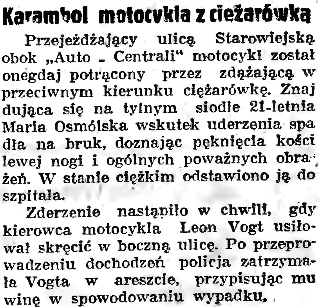 Karambol motocykla z ciężarówką // Gazeta Gdańska. - 1938, nr 140, s. 8