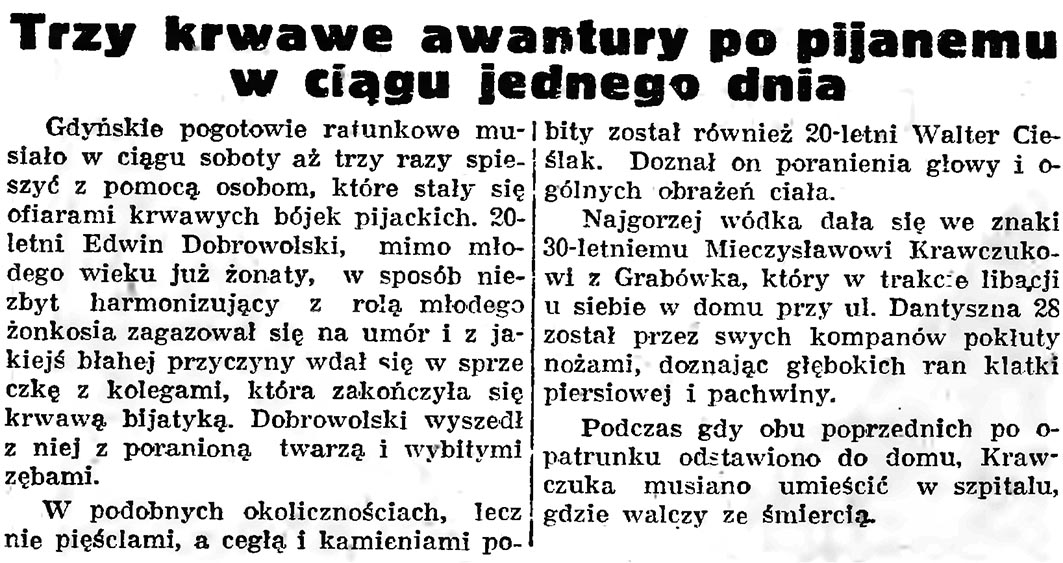 Trzy krwawe awantury po pijanemu w ciągu jednego dnia // Gazeta Gdańska. - 1938, nr 140, s. 8