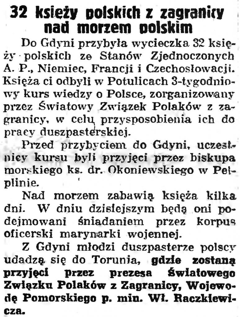 32 księży polskich z zagranicy nad polskim morzem // Gazeta Gdańska. -  1938, nr 191, s. 1