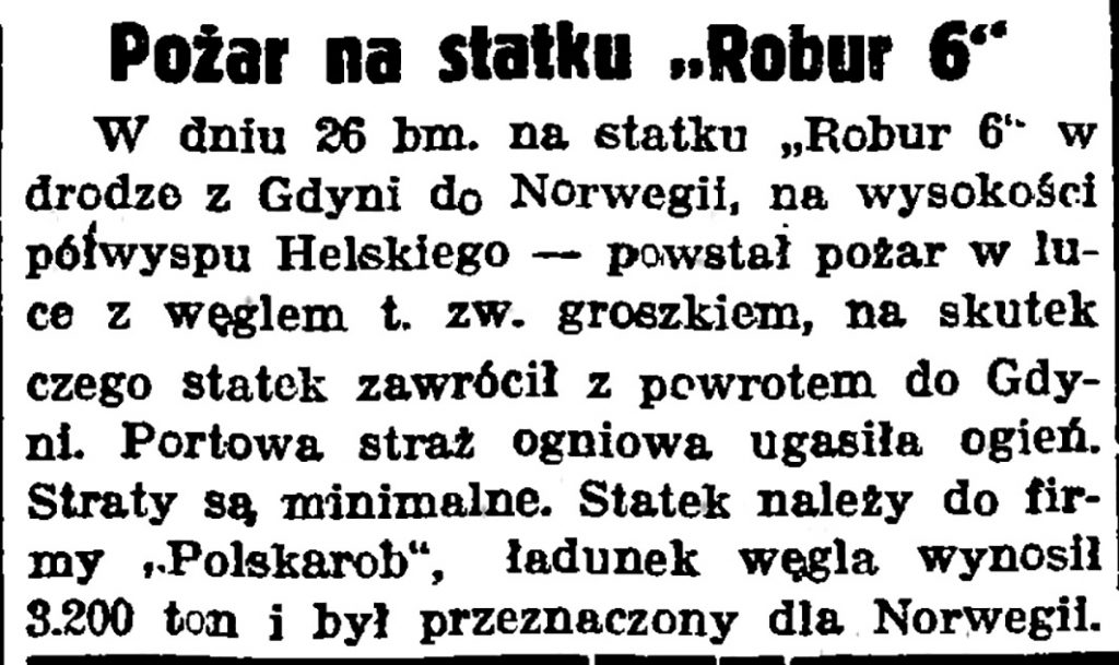 Pożar na statku "Robur 6" // Gazeta Gdańska. - 1938, nr 24, s. 11
