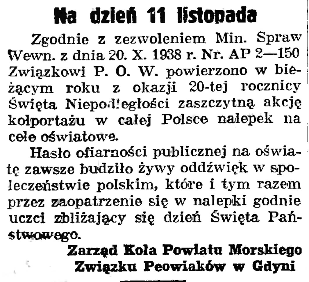 Na dzień 11 listopada / Zarząd Koła Powiatu Morskiego Związku Peowiaków w Gdyni // Gazeta Gdańska. - 1938, nr 255, s. 6