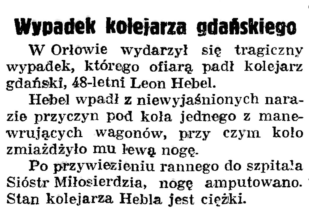 Wypadek kolejarza gdańskiego // Gazeta Gdańska. - 1938, nr 255, s. 6