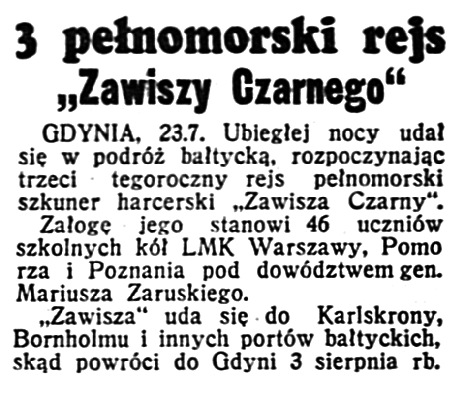 3 pełnomorski rejs "Zawiszy Czarnego" // Dzień Dobry. - 1939, nr 202, s. 5