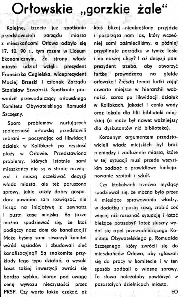 Orłowskie gorzkie żale / EO // Gazeta Gdyńska. - 1990, nr 12, s. 2