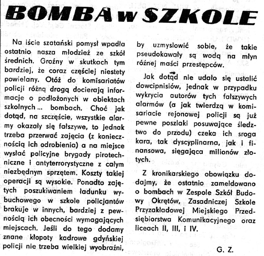Bomba w szkole // G.Z. // Gazeta Gdyńska.- 1990, nr 13, s. 1